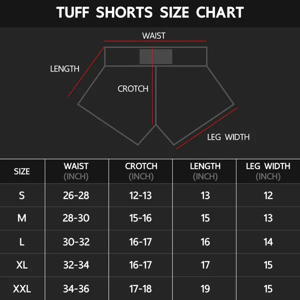 TUFF Muay Thai Shorts Blue With Double Yellow Tiger TUFF Muay Thai Shorts Blue With Double Yellow Tiger -Boxing Equipment Store TUFF Size Chart