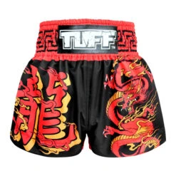 TUFF Muay Thai Boxing Shorts Red Dragon In Black
